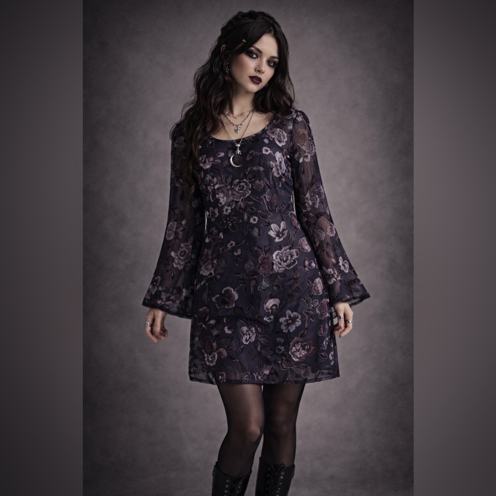Staring at Stars Dark Floral Dress Velvet Burnout Whimsigoth Fairy Boho Grunge L